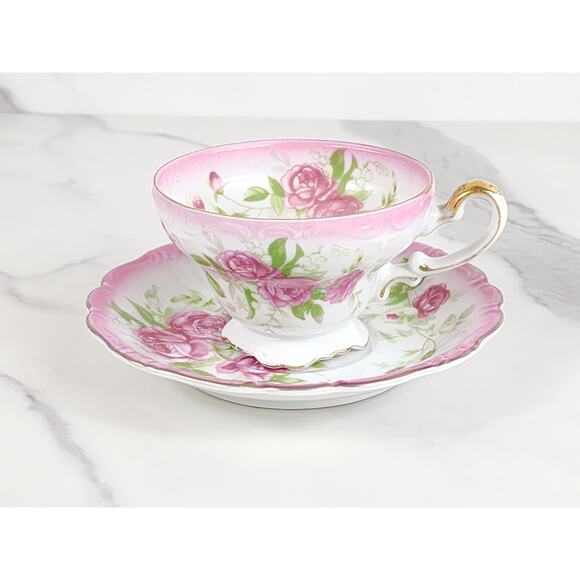 Norcrest Rare Teacup & Saucers French Rose Pink Floral Fine China Japan Vintage - Picture 1 of 16